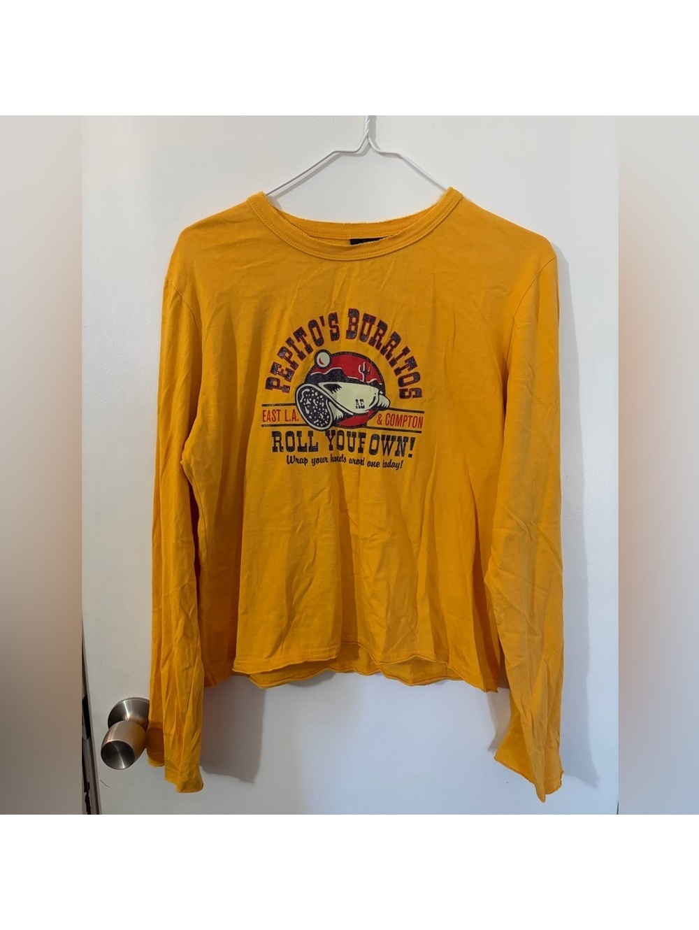 Juniors XL American Eagle Yellow Long Sleeve Graphic Tee Pepito’s Burritos
